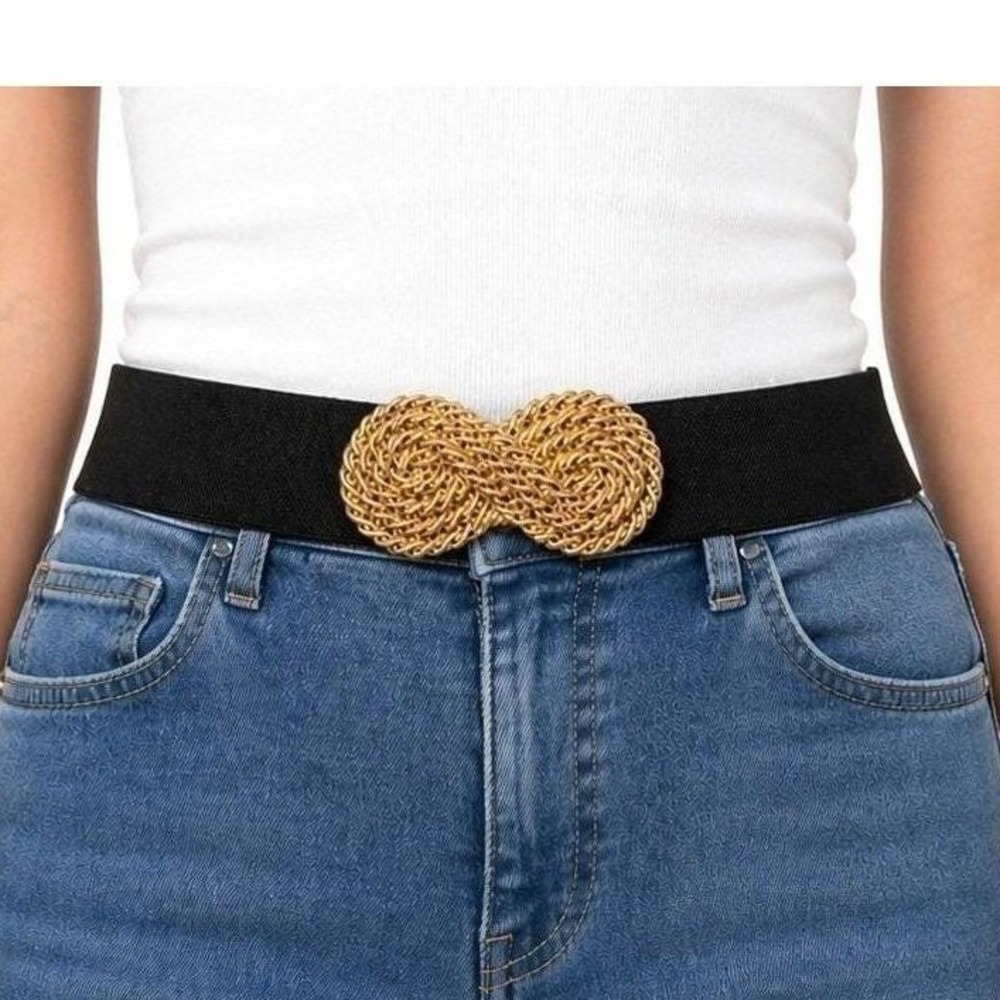Vintage 80s Black Elastic Waist Belt Gold Textured Rope Knot Buckle Wide Cinch